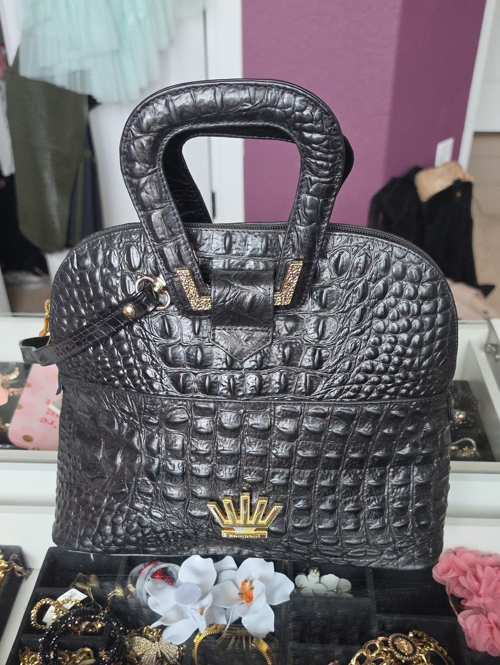 Black Croc-Embossed Leather  Structured Satchel with Gold Accent